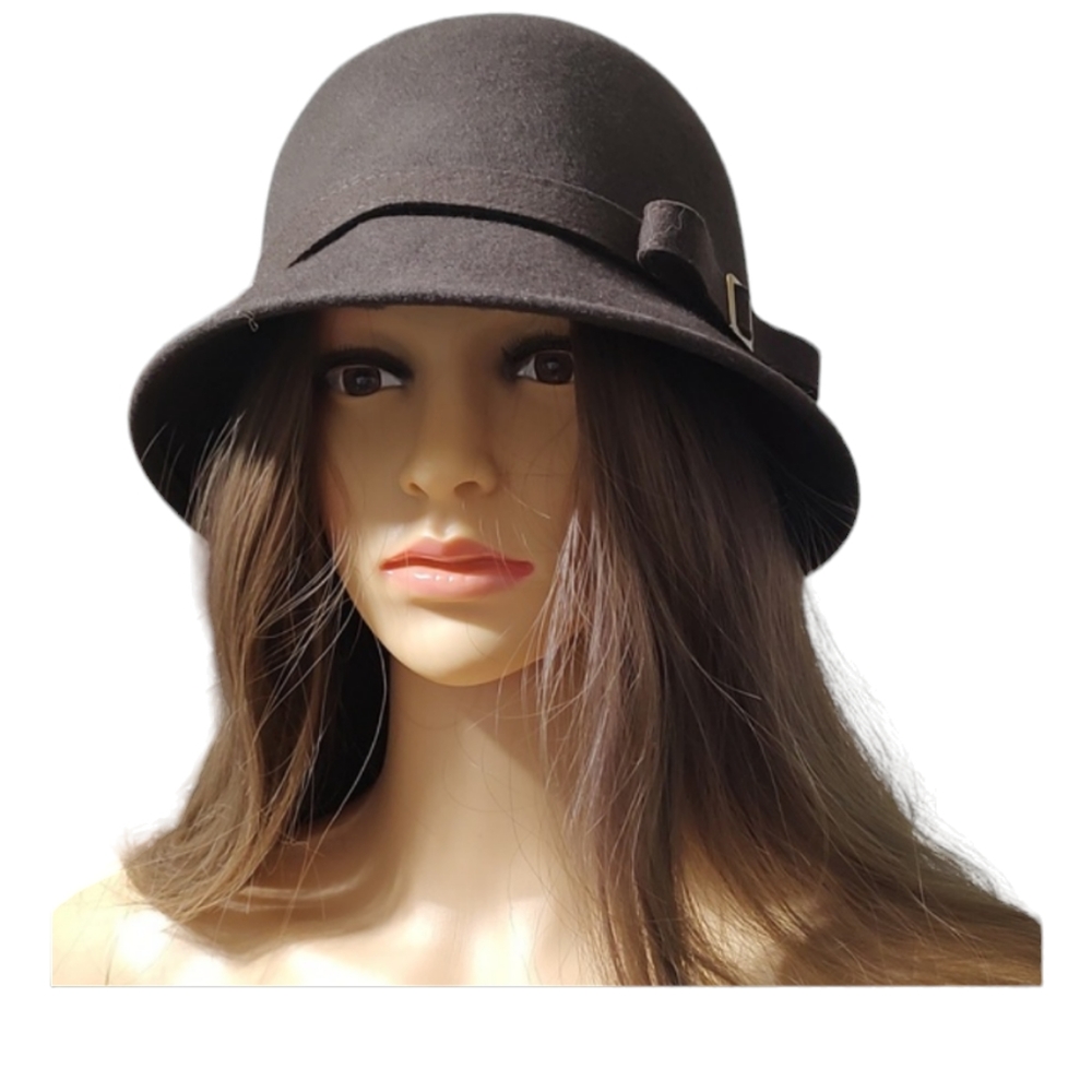 Brown Wool Trixie Cloche Hat with Brim & Small Bow on Side One Size